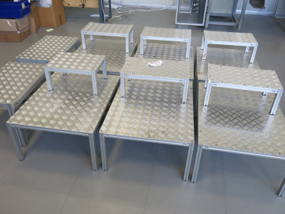 14 x Aluminium Frame & Checker Plate Step Ups and Side Work Station Units. Assorted Sizes (As Viewed/Pictured).