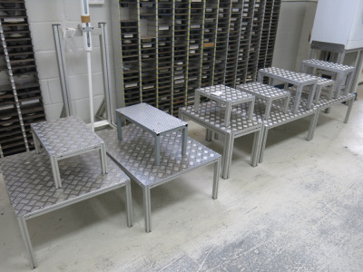 13 x Aluminium Frame & Checker Plate Step Ups and Side Work Station Units. Assorted Sizes (As Viewed/Pictured).