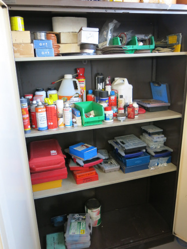 Two Door Metal Cupboard & Contents Including Safety Harnesses, Grinding Discs, Boxes of Assorted Screws and Fixings.