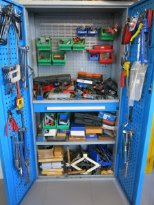 Two Door Blue Metal Lockable Tool Cupboard with Key & Entire Contents to Include: Hand/Power Tools, Boxed Gauges, Calibration Sets, Tool Sets, Tap & Die Sets, Spanners, Adjustable, Wrenches, Clamps, Drill Bits, Laser Level, Hack Saws Etc (As Viewed/Pictur