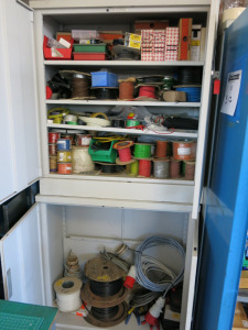 2 x Grey Metal 2 Door Metal Cupboards with Contents to Include: Reels of Wire, Connectors, Sleeving, Cables Etc (As Viewed/Pictured).