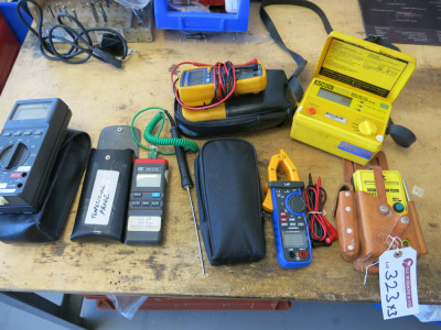 6 x Electrical Testing Units to Include: AC Clamp Meter, Robin Loop Tester, 2 x Fluke Multimeters, Temperature Probe and Discharge Lamp Tester (As Viewed).