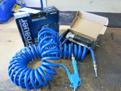 2 x Erbaur Pneumatic Tools, Air Die Grinder & Air Nibbler with Coil Air Line & Attachment.