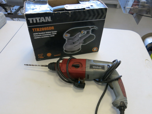 New/Boxed Titan TTB289SDR 450w Random Orbital Sander & Wickes WMHD 620 Hammer Drill.