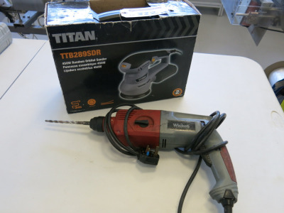 New/Boxed Titan TTB289SDR 450w Random Orbital Sander & Wickes WMHD 620 Hammer Drill.