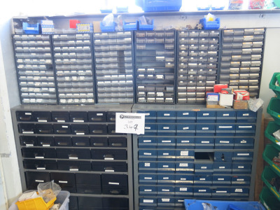 2 x Large Multi Drawer Parts Cabinets with Contents and 6 x Smaller Parts Units, All with Contents of Nuts, Bolts, Fixings & Accessory Parts (As Viewed).