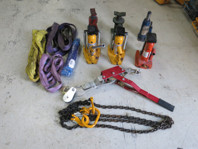 Assorted Machinery & Lifting Equipment to Include: 3 x Tow Jacks, 3 x Bottle Jacks, 1 x Ratchet Puller, Lifting Chain, 3 x Strops & Rope