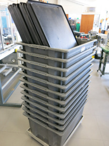 12 x Large Grey Stacking Crates with Black Lids & Set of Castors. Size H36 x W60 x L80cm.