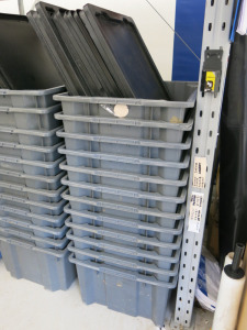 12 x Large Grey Stacking Crates with Black Lids. Size H36 x W60 x L80cm.