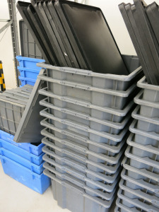 12 x Large Grey Stacking Crates with Black Lids. Size H36 x W60 x L80cm.