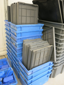 24 x Blue Stacking Crates with 30 x Grey Lids. Size H30 x W40 x L60cm.