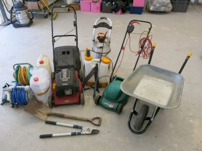 Gardening & Ground Equipment to Include: Mountfield Petrol Lawnmower, Model HP454, Qualcast Easy-Trak 320 Electric Mower, Chillington 90L Galvanised Wheelbarrow, 2 x Hose Reels with Sprinkler, Hozelock Plus Pneumatic Backpack Garden Sprayer, Midac 16L Pre