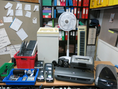 Large Assortment of I.T & Office Equipment to Include: 4 x Dymo Label Printers, 2 x Ro-Tronic, 2 x Apeman 4K Camera's, Assorted Webcams, Keyboards, Mouse, Rexel Shredder, Air Pro Fan, Tower Heater, Lexmark Printer, GBC Laminator, Wireless Speakers Etc.