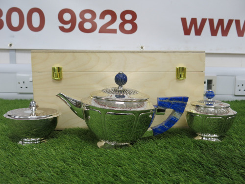 The East India Company Sterling Silver Tea Pot & 2 x Sugar Bowls with Lids, Hallmarked 925, in Original Wooden Box. Weight 56oz.