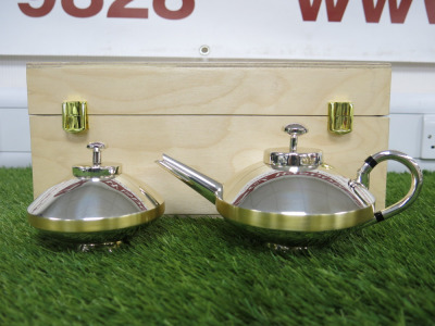 The East India Company Sterling Silver Art Deco Style Tea Pot with Sugar Bowl Hall Marked 925 in Original Wooden Box. Weight 22oz.