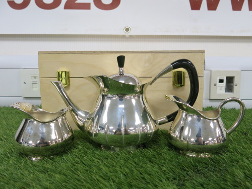 The East India Company Sterling Silver Tea Set Hallmarked 925 to Include: Tea Pot, Sugar Bowl & Milk Jug. Tea Pot Comes in Original Wooden Box. Weight 30oz.