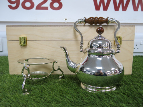 The East India Company Silver Plated Samovar in Original Wooden Box. NOTE: missing burner holder.