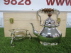 The East India Company Silver Plated Samovar in Original Wooden Box. NOTE: missing burner holder.