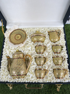The East India Company Royal Bone China Benjarong 18ct Gold Hand Painted Tea Set in Presentation Case to Include: 1 x Tea Pot, 1 x Milk Jug, 1 x Sugar Bowl with Lid, 6 x Tea Cups & 6 x Saucers.