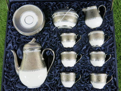 The East India Company Royal Bone China Tong Noon Platinum Hand Painted Tea Set in Presentation Case to Include: 1 x Tea Pot, 1 x Milk Jug, 1 x Sugar Bowl with Lid, 6 x Tea Cups & 6 x Saucers.