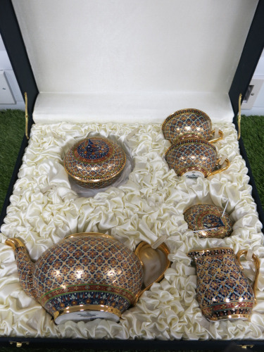 The East India Company Royal Bone China Banjarong 18ct Gold Hand Painted Tea Set in Presentation Case to Include: 1 x Tea Pot, 1 x Milk Jug, 1 x Sugar Bowl with Lid, 2 x Cups & 2 x Saucers.