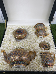 The East India Company Royal Bone China Banjarong 18ct Gold Hand Painted Tea Set in Presentation Case to Include: 1 x Tea Pot, 1 x Milk Jug, 1 x Sugar Bowl with Lid, 2 x Cups & 2 x Saucers.