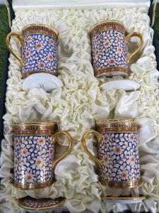 The East India Company Royal Bone China Benjarong 18ct Gold Hand Painted Set Of 4 Mugs with Strainer & Lid in Presentation Box.
