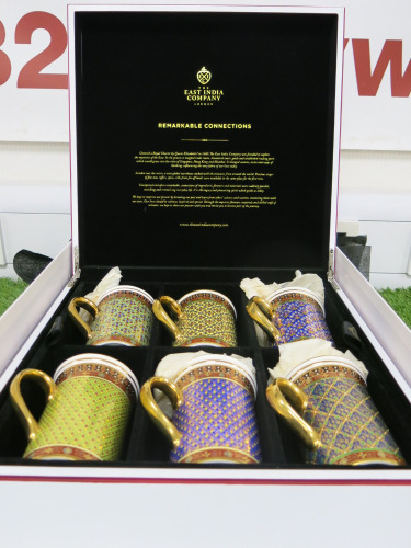 The East India Company Royal Bone China Benjarong 18ct Gold Hand Painted Set of 6 Assorted Mugs with Strainer & Lid in White Presenation Box.