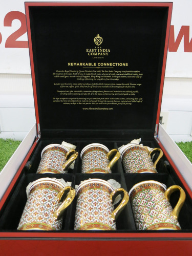 The East India Company Royal Bone China Benjarong 18ct Gold Hand Painted Set of 6 Assorted Mugs with Strainer & Lid in Red Presenation Box.
