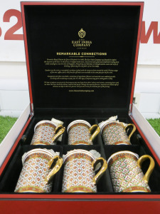 The East India Company Royal Bone China Benjarong 18ct Gold Hand Painted Set of 6 Assorted Mugs with Strainer & Lid in Red Presenation Box.
