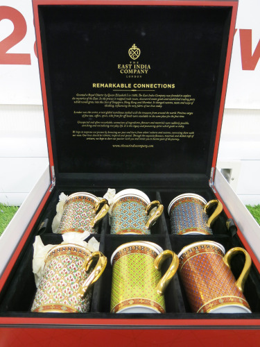 The East India Company Royal Bone China Benjarong 18ct Gold Hand Painted Set of 6 Assorted Mugs with Strainer & Lid in Red Presenation Box.