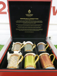 The East India Company Royal Bone China Benjarong 18ct Gold Hand Painted Set of 6 Assorted Mugs with Strainer & Lid in Red Presenation Box.