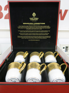 The East India Company Royal Bone China Tong Noon 18ct Gold Hand Painted Set of 6 Mugs in Red Presenation Box.