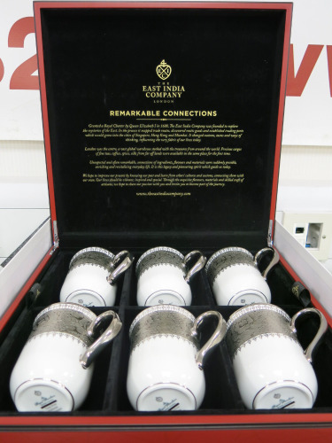 The East India Company Royal Bone China Tong Noon Platinum Hand Painted Set of 6 Mugs in Red Presenation Box.