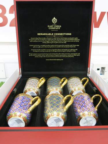 The East India Company Royal Bone China Banjarong 18ct Gold Hand Painted Set of 6 Assorted Mugs in Red Presentation Box.