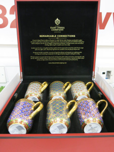 The East India Company Royal Bone China Banjarong 18ct Gold Hand Painted Set of 6 Assorted Mugs in Red Presentation Box.