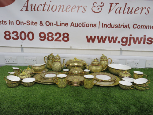 40 x Pieces of The East India Company Royal Bone China Benjarong 18ct Gold Hand Painted Crockery to Include: 3 x Coffee Pot, 1 x Tea Pot,2 x Milk Jugs, 4 x Sugar Bowls, 3 with Lids, 1 x Sauce Boat with Saucer, 1 x Large Dish with Lid, 1 x Large Bowl, 1 x