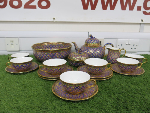18 x Pieces of The East India Company Royal Bone China Benjarong 18ct Gold Hand Painted Crockery to Include: 1 x Tea Pot, 1 x Milk Jug, 1 x Sugar Bowl with Lid, 1 x Large Bowl, 7 x Tea Cups & 7 x Saucers.