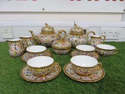 15 x Pieces of The East India Company Royal Bone China Benjarong 18ct Gold Hand Painted Crockery to Include: 2 x Tea Pot, 3 x Milk Jugs, 1 x Sugar Bowls with Lid, 5 x Tea Cups & 4 x Saucers.