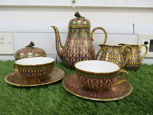 8 x Pieces of The East India Company Royal Bone China Benjarong 18ct Gold Hand Painted Crockery to Include: 1 x Tea Pot, 1 x Sugar Bowl with Lid, 2 x Milk Jugs, 2 x Tea Cups & 2 x Saucers.