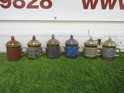 6 x The East India Company Royal Bone China Benjarong 18ct Gold Hand Painted Mugs with Lids.