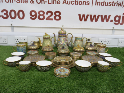 59 x Pieces of Assorted The East India Company Bone China Benjarong 18ct Gold Hand Painted Crockery to Include: 3 x Tea Pots with 2 Lids, 6 x Sugar Bowls with Lids, 3 x Milk Jugs, 3 x Mugs, 8 x Cups, 12 x Saucers, 1 x Plate & 23 x Coasters.