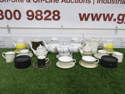 43 x Pieces of Halycon Days English Fine Bone China Crockery to Include: 9 x Assorted Tea For One Tea Sets, 6 x Assorted Tea Pots, 1 x Milk Jug, 1 x Sugar Bowl, 12 x Assorted Tea Cups & 12 x Assorted Saucers, 2 x Coaster Sets.