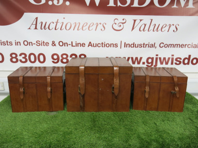 3 x Leather Storage Trunks to Include: 1 x H39 x W51 x D38cm & 2 x H31 x W41x D31cm.