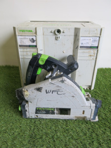 Festool Circular Saw, Model TS 55 REQ, 110V. Comes with Festool Systainer T-Lock Carry Case. NOTE: requires power supply & carry case lid needs attention.