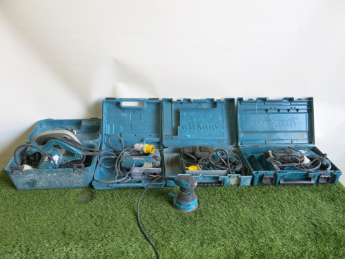 5 x Assorted Makita 110V Hand Tools to Include: 1 x Hammer Drill, Model HR2630, 1 x Hammer Drill, Model HR2230, 1 x Circular Saw, Model 5704R, 1 x Palm Sander, Model BO5030 & 1 x Jig Saw, Model 4350FCT. Comes with 4 x Carry Cases.