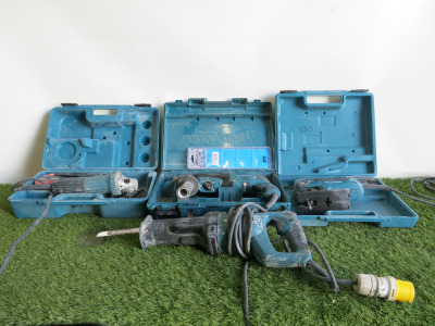 4 x Assorted Makita 110V Hand Tools to Include: 1 x Hammer Drill, Model HR2630, 1 x Reciprocating Saw, Model JR3050T, 1 x 115mm Grinder, Model GA4530R & 1 x Jig Saw, Model 4350FCT. Comes with 3 x Carry Cases.