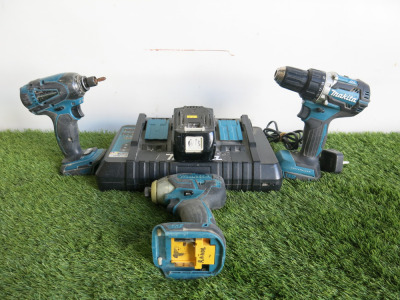 3 x Makita Cordless Tools to Include: 1 x Drill, Model DDF484, 1 x Impact Driver, Model DTS141 & 1 x Impact Driver, Model DTD146. Comes with 1 x 4.0Ah Batteries & 1 x Charger DC18RD.