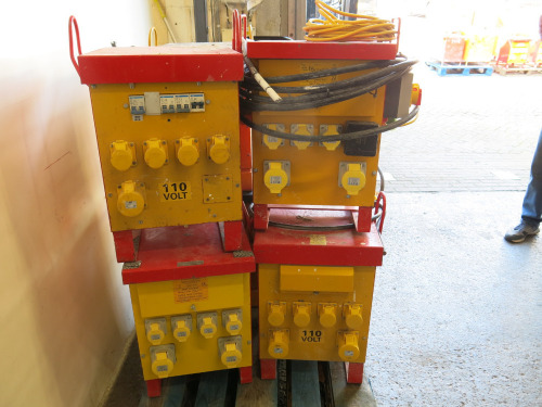Pallet Containing 7 x Assorted Contractor 10.0KVA 110V Site Transformers Untested. Pallet Weighs Approx 500KG.