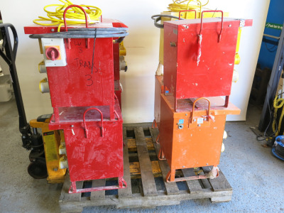 Pallet Containing 8 x Assorted Contractor Site Transformers Untested. Lot is Sold as Spares or Repair or Scrap. Pallet Weighs Approx 570KG.